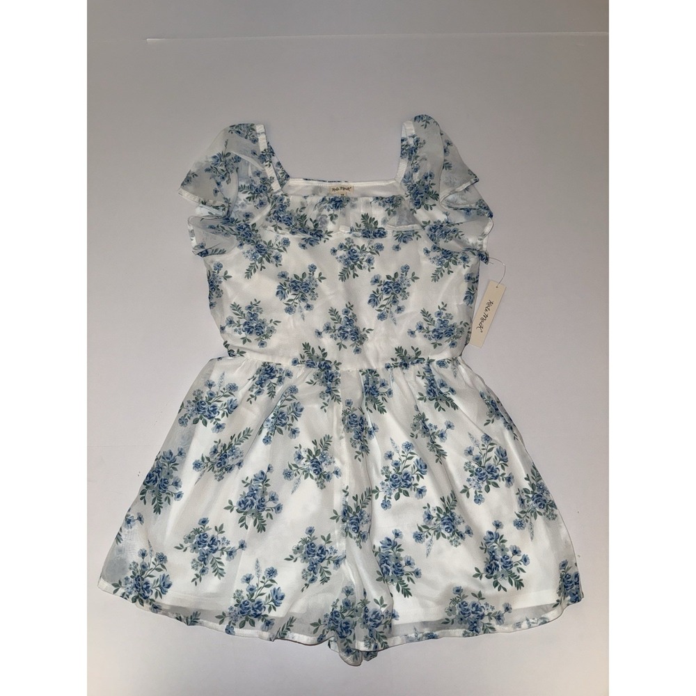 Kate Mack Girls Dress Size 10 White Blue Floral Ruffle Sleeve Lined NWT